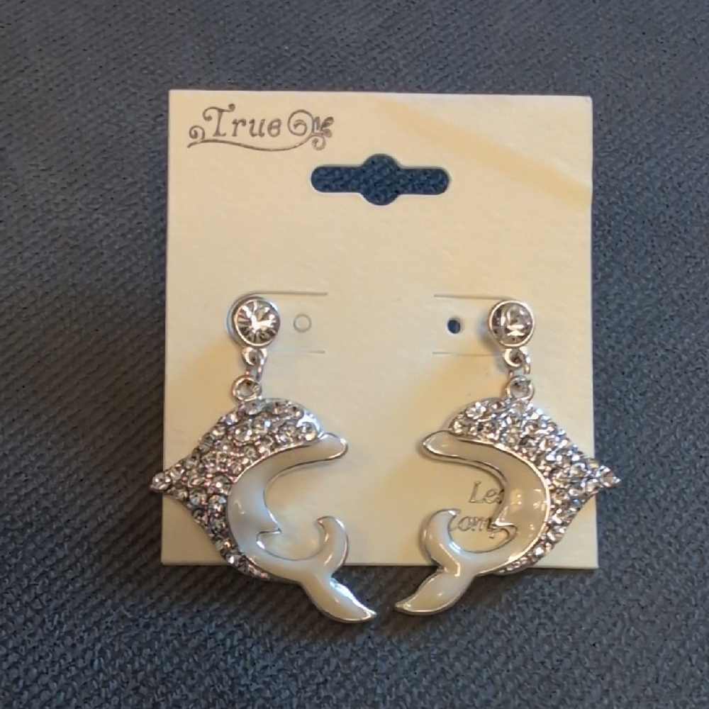 True Dolphin Drop Earrings - Silver & White Rhinestone